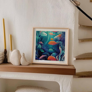 Artistic underwater artwork featuring coral reef details