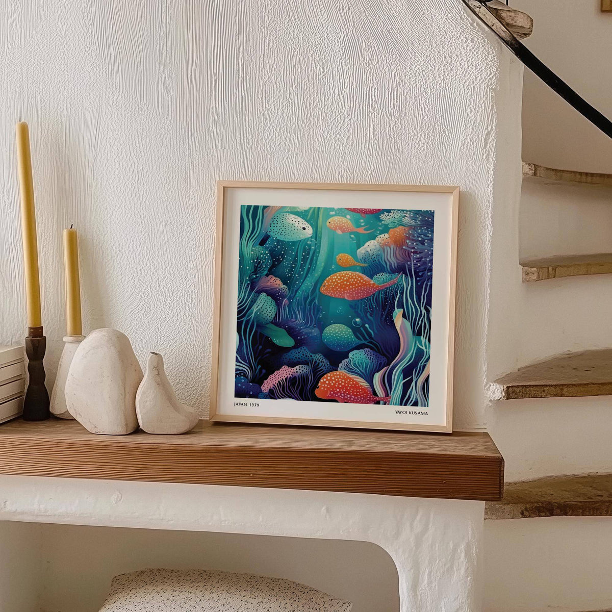 Artistic underwater artwork featuring coral reef details