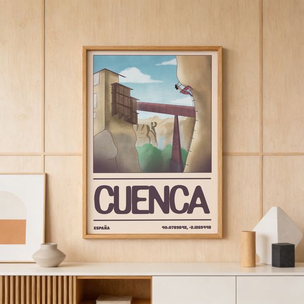 Showcasing CUENCA text under a cliff-climbing scene, Rock Climbing Poster wall art