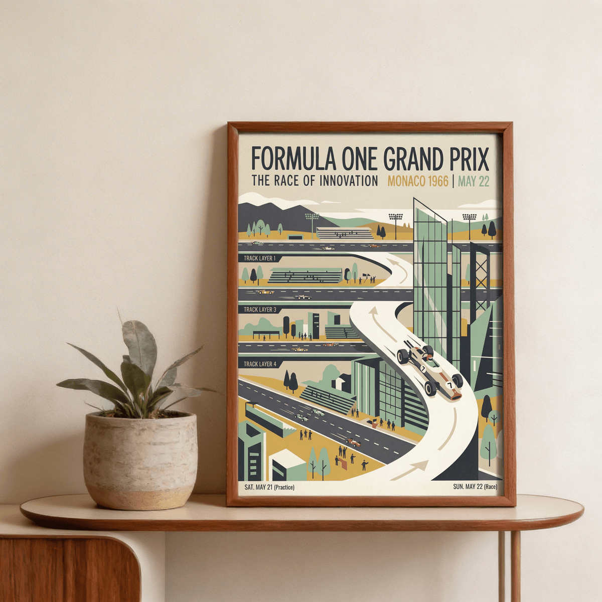 Wide view of racing wall art print with layered track sections, grandstands, and spectator silhouettes