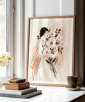 Woman Holding Flowers Print poster showing layered botanical silhouette