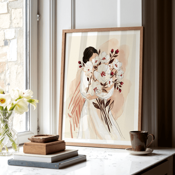 Woman Holding Flowers Print poster showing layered botanical silhouette