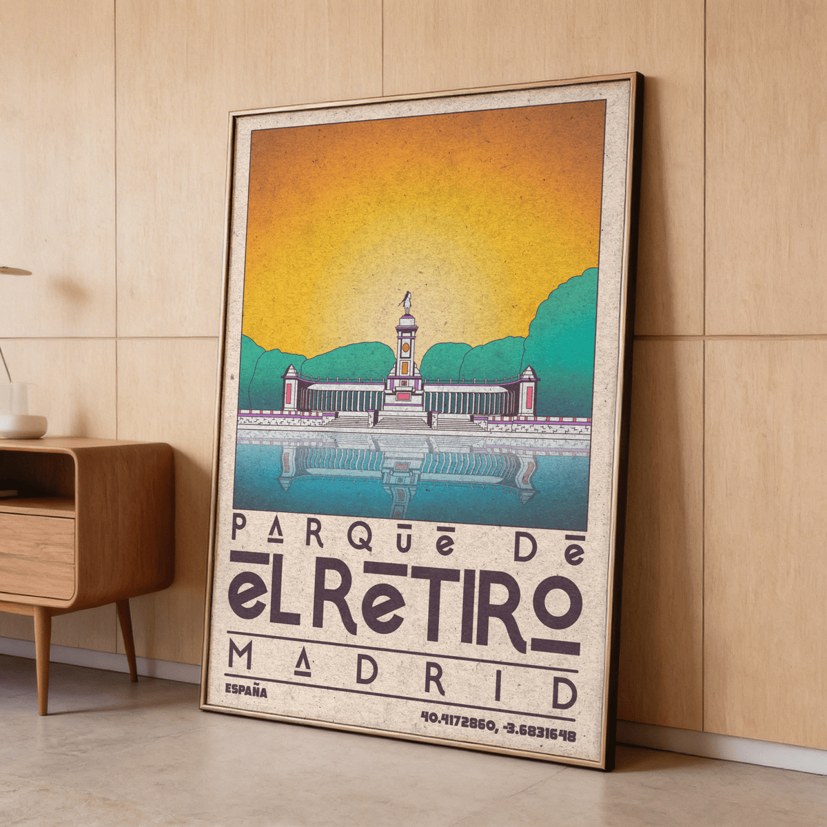 Side view of Madrid Landscape Poster showing long balustrade and statue-topped monument