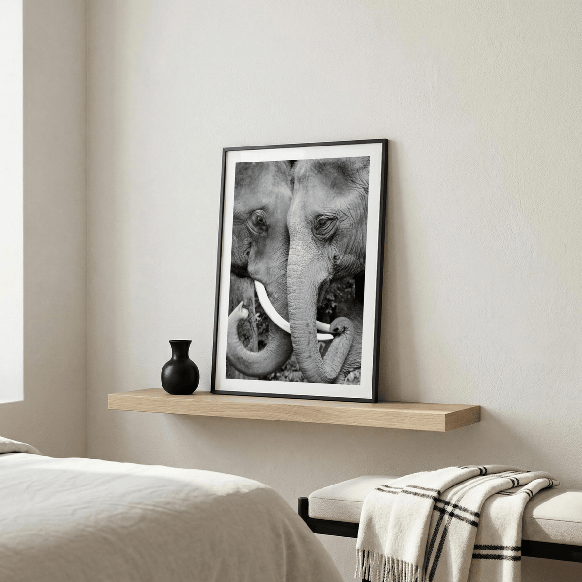 Close-up wildlife print of two elephants touching, tusks crossing in frame