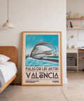 Modern architecture wall art print with sweeping roofline and stacked VALENCIA lettering