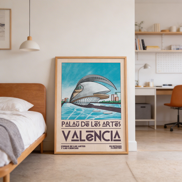 Modern architecture wall art print with sweeping roofline and stacked VALENCIA lettering