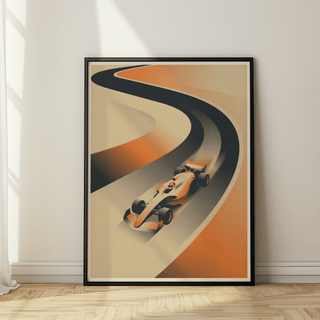 Curving racetrack wall art print with single formula-style car and gradient shading