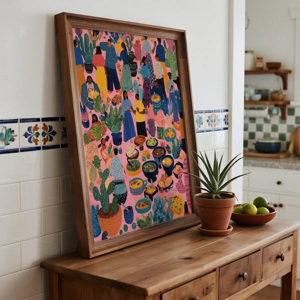 Lush desert plants and warm colors in this artwork from Mexico.