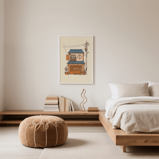 Japanese Style Art Print displaying bakery scene, Blue accents, art print