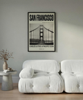 Beige white and black travel poster design highlighting tower arches