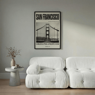 Beige white and black travel poster design highlighting tower arches