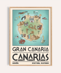 Illustrated Gran Canaria island map poster with labeled landmarks and sea icons