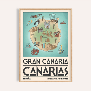 Illustrated Gran Canaria island map poster with labeled landmarks and sea icons