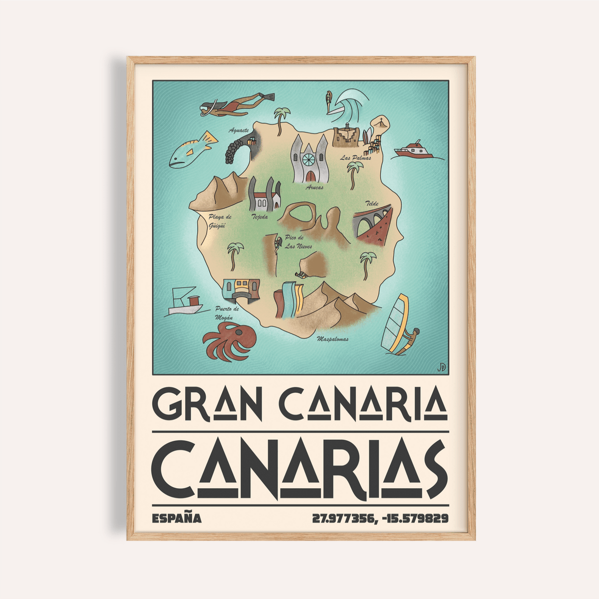 Illustrated Gran Canaria island map poster with labeled landmarks and sea icons