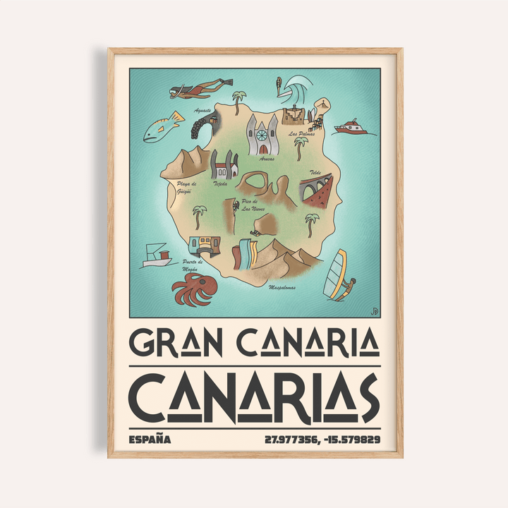 Illustrated Gran Canaria island map poster with labeled landmarks and sea icons
