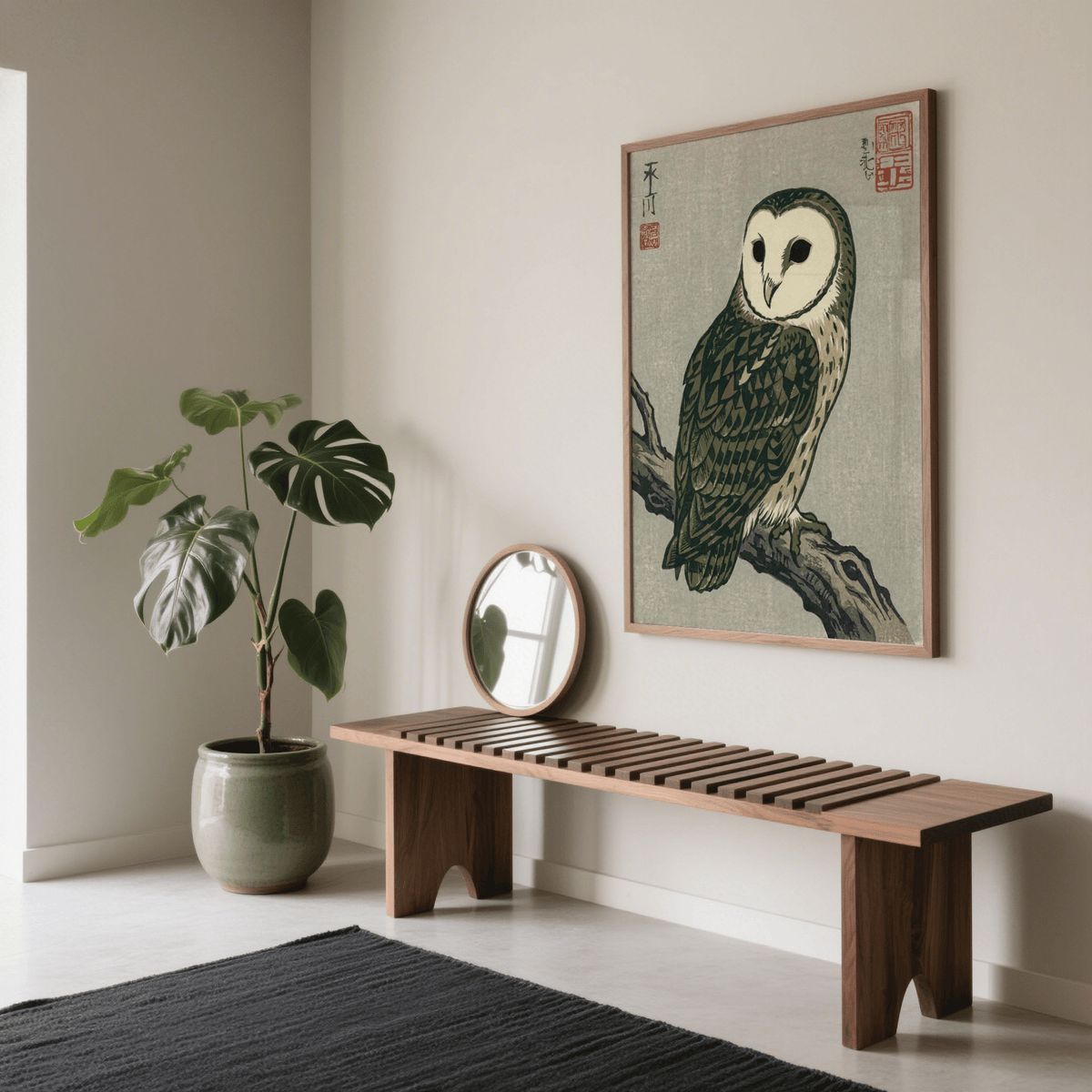 Japanese Owl Art Print showing subtle brown and green for study art print