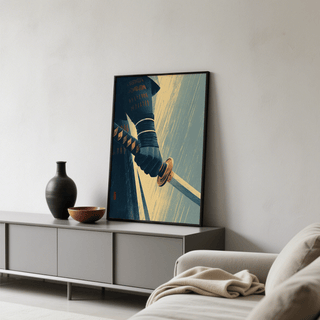 Samurai Sword Wall Art poster with diagonal red streaks behind katana blade