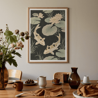 Japanese Koi Carp Art wall print with Green lily pads and Yellow flowers for hallway