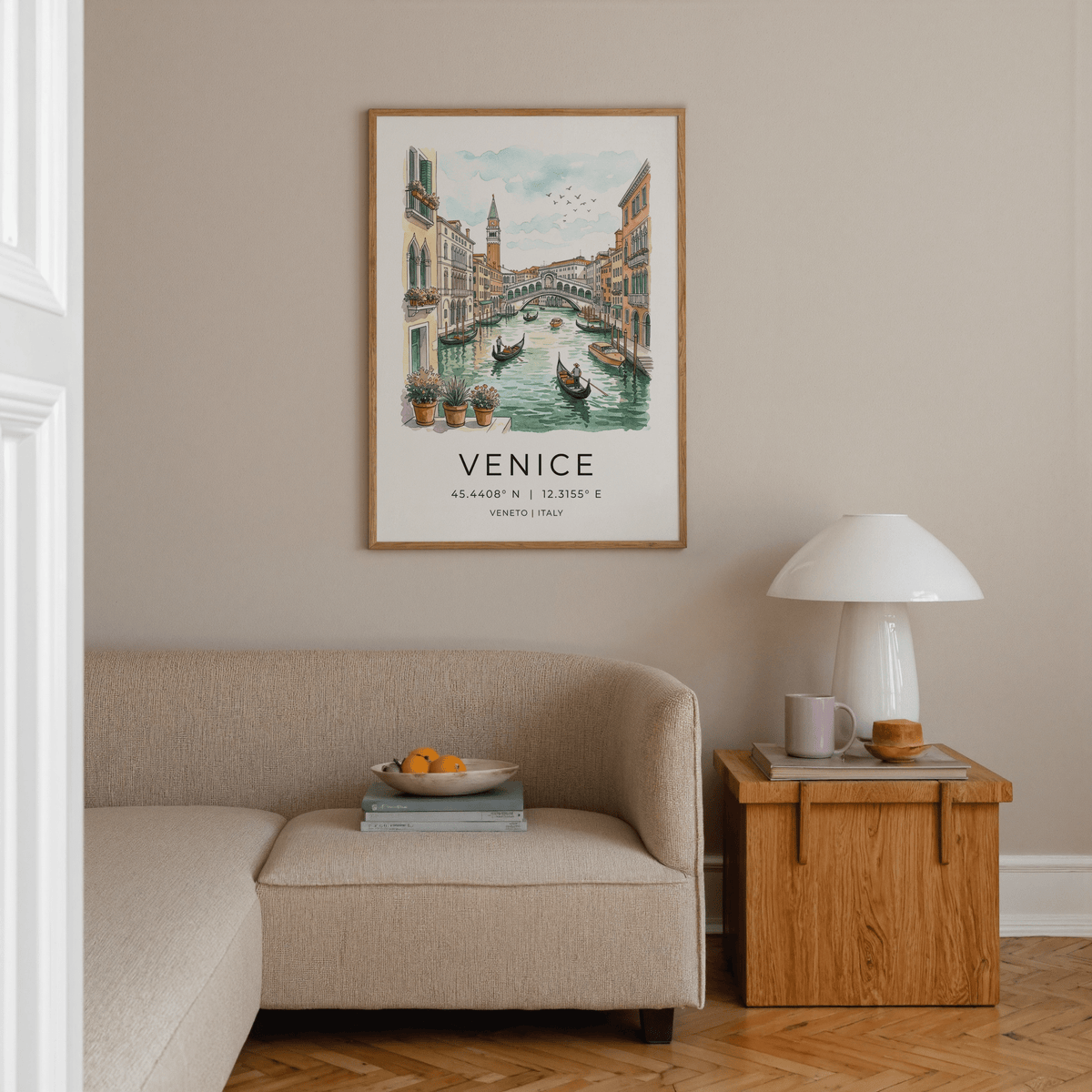 Watercolor canal scene featuring Rialto-style bridge and boats