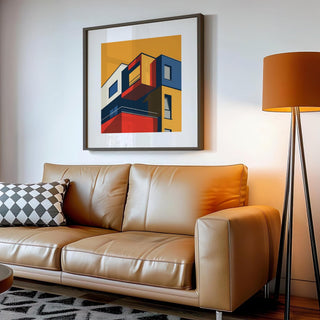Abstract yellow and red posters for office space hung in a modern meeting room