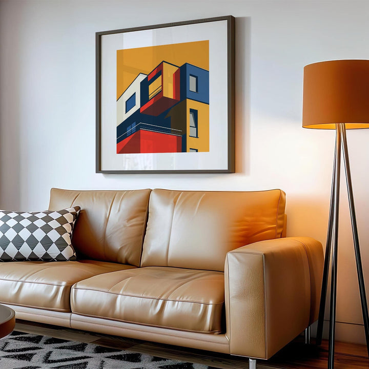 Posters for Office Space modern building facade print in red, blue and yellow above a tan leather sofa