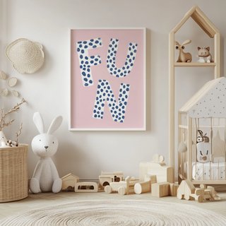 Fun Typography Wall Art poster with large FUN letters and blue dot pattern