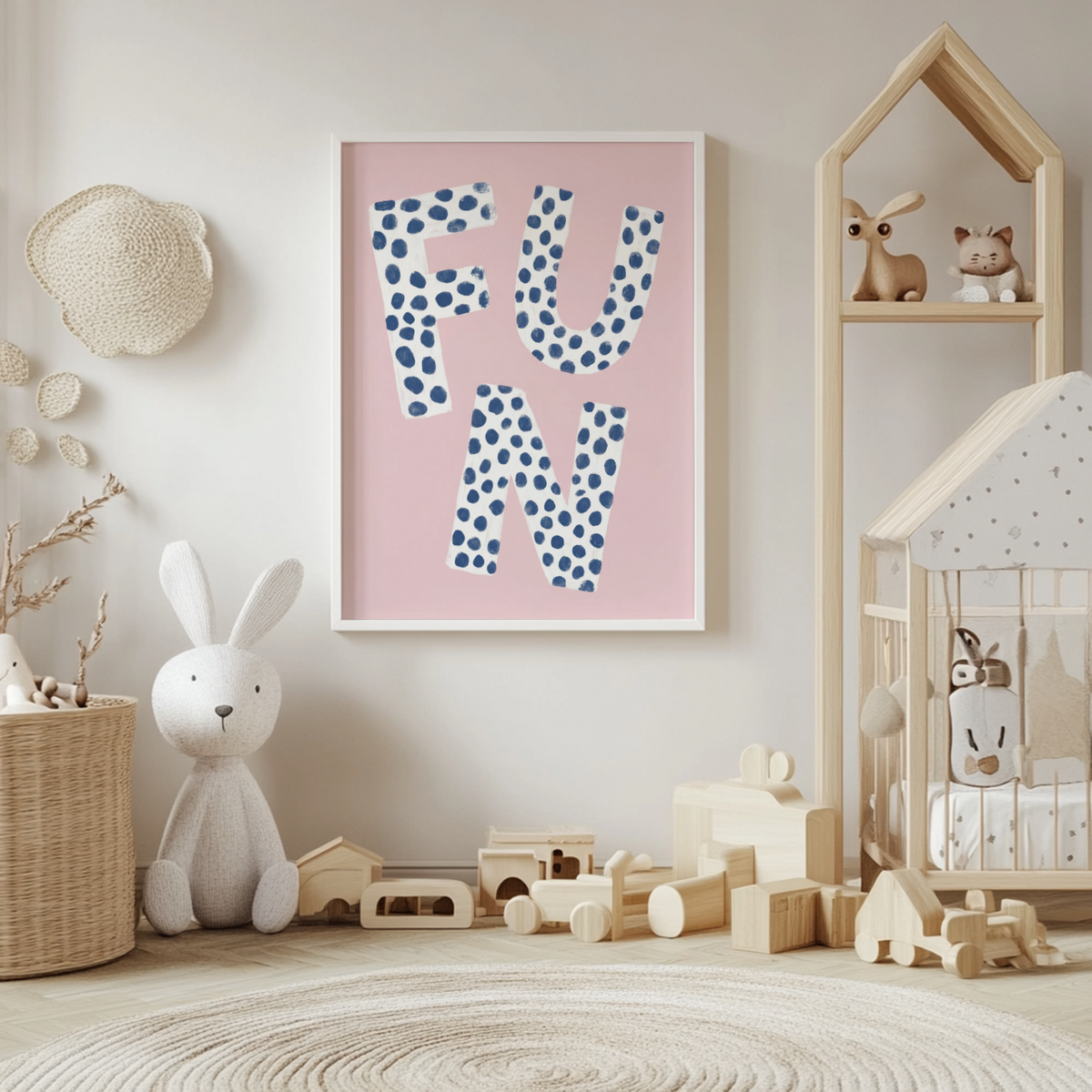 Fun Typography Wall Art poster with large FUN letters and blue dot pattern