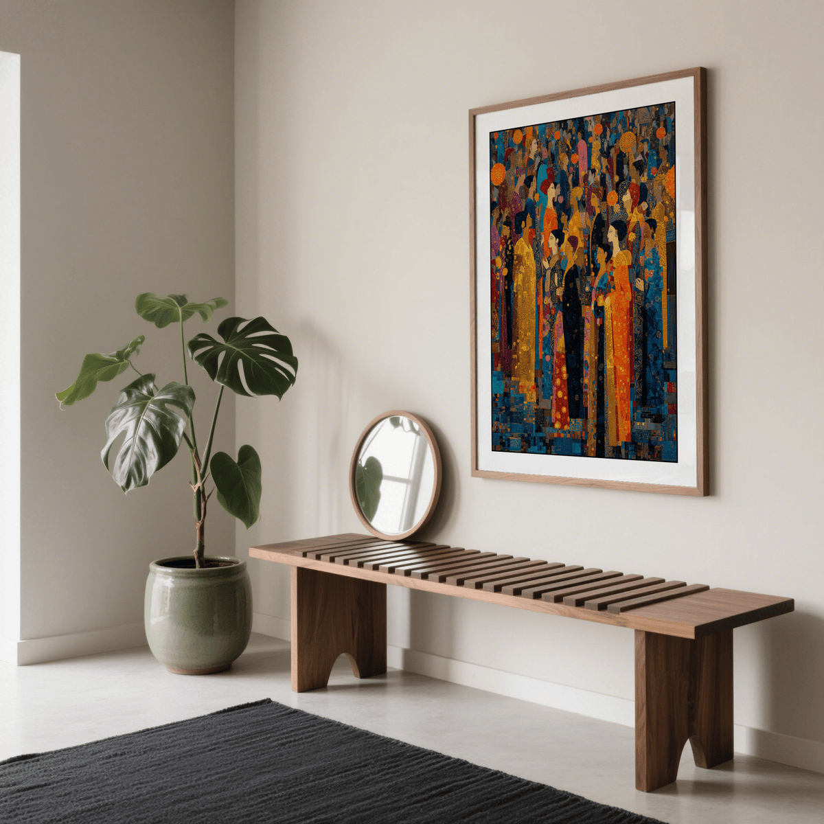 Angled view of Indian Festival Art wall art with dense layered figures