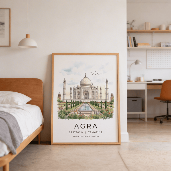 Front-facing architectural poster print of Taj Mahal with formal garden path