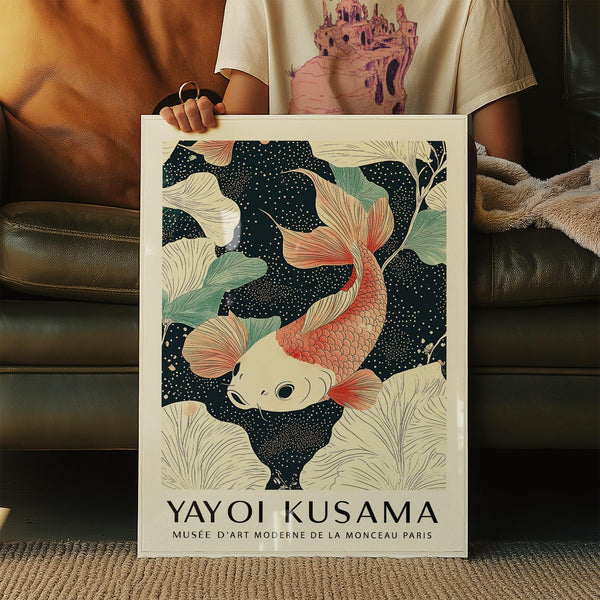 Detailed Koi Carp Wall Art swimming across abstract leafy background.