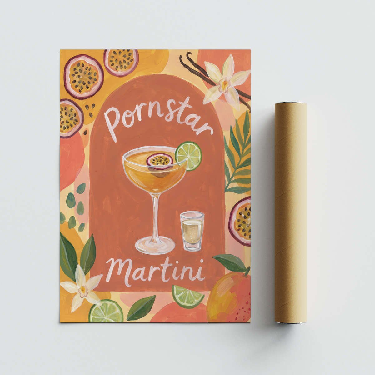 Angled view of a martini cocktail poster print with fruit border and handwritten style lettering