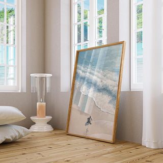Turtle Print with sandy beach and ocean foam in soft blue hues.