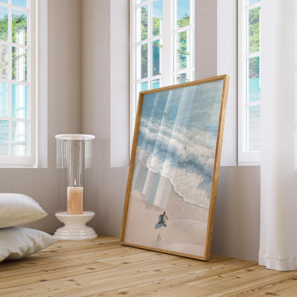 Turtle Print with sandy beach and ocean foam in soft blue hues.