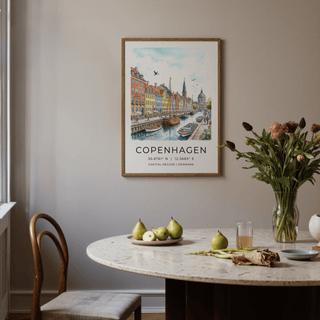 Promenade detail poster print showing people walking by café seating along the canal