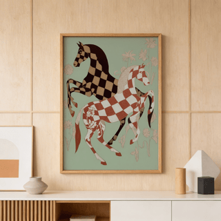 Close-up of checkered horse wall art print with botanical flowers and layered shapes