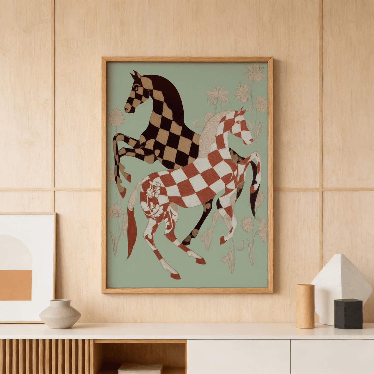 Close-up of checkered horse wall art print with botanical flowers and layered shapes