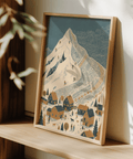 Winter Mountain Art Print with Blue sky, Beige snow, Orange houses for home office