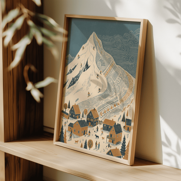 Winter Mountain Art Print with Blue sky, Beige snow, Orange houses for home office