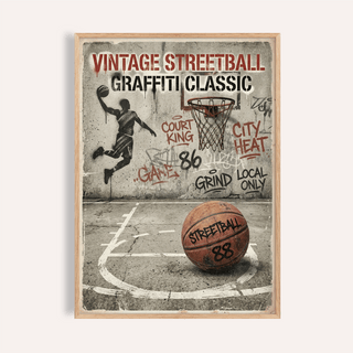 Graffiti Basketball Poster with spray-painted hoop and bold court lines displayed on concrete background