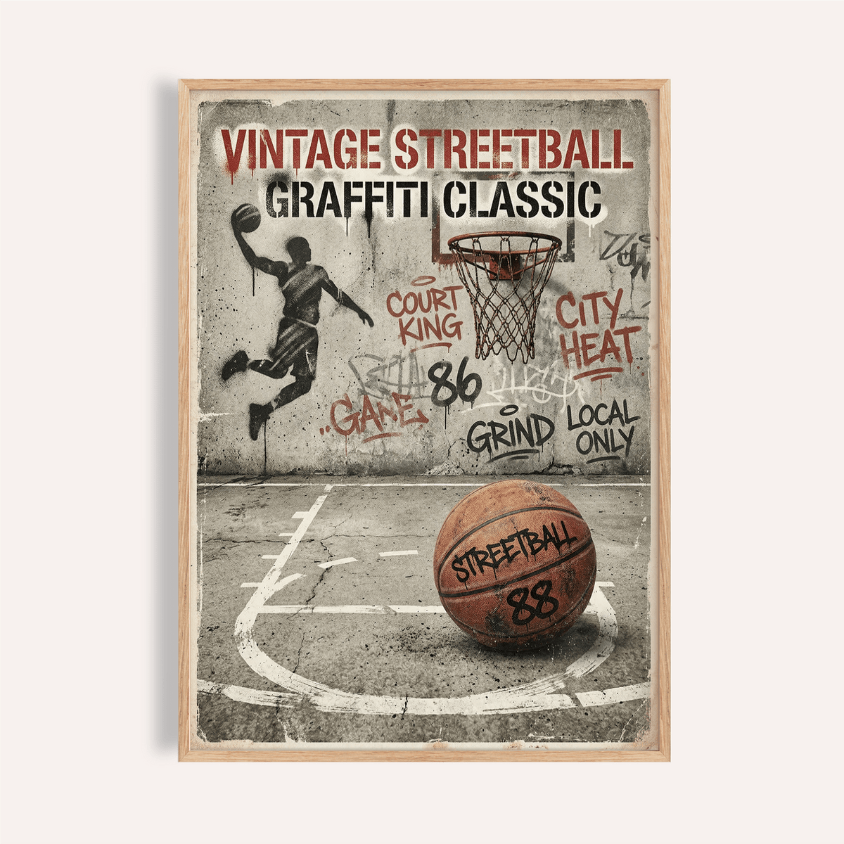 Graffiti Basketball Poster with spray-painted hoop and bold court lines displayed on concrete background