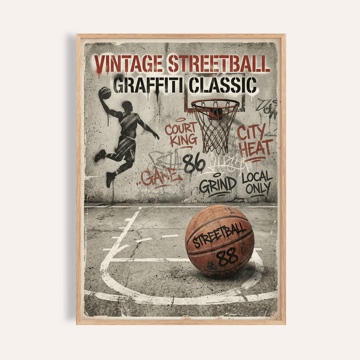 Graffiti Basketball Poster with spray-painted hoop and bold court lines displayed on concrete background