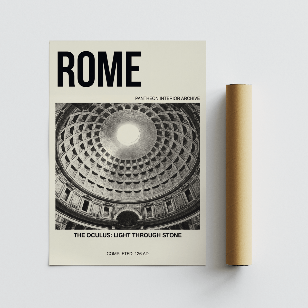 Graphic architectural poster print with Pantheon dome interior and caption line