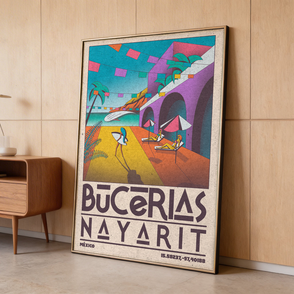 Mexico Coastal Wall Art print showing geometric shoreline, arched buildings, and calm blue horizon