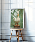 Humorous animal wall art poster of a duck balancing toilet paper, painted texture backdrop