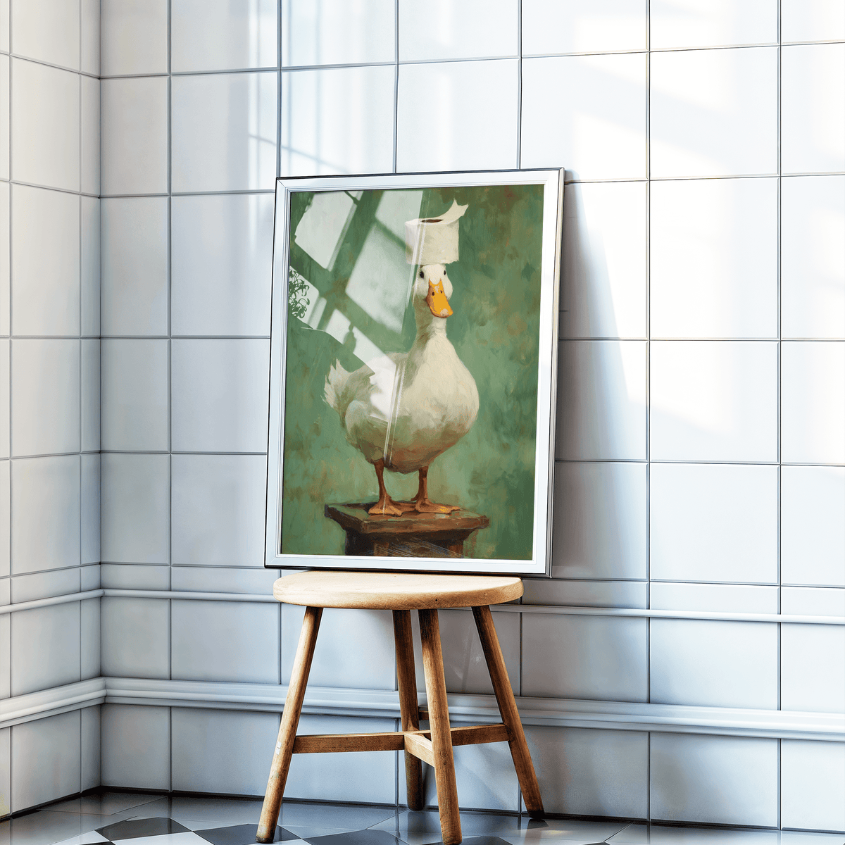 Humorous animal wall art poster of a duck balancing toilet paper, painted texture backdrop
