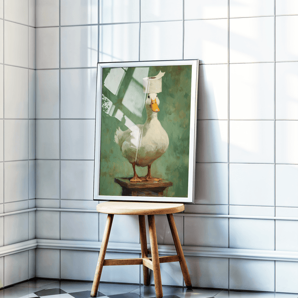 Humorous animal wall art poster of a duck balancing toilet paper, painted texture backdrop