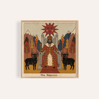 Centered ruler on throne tarot poster with sun face and two rams