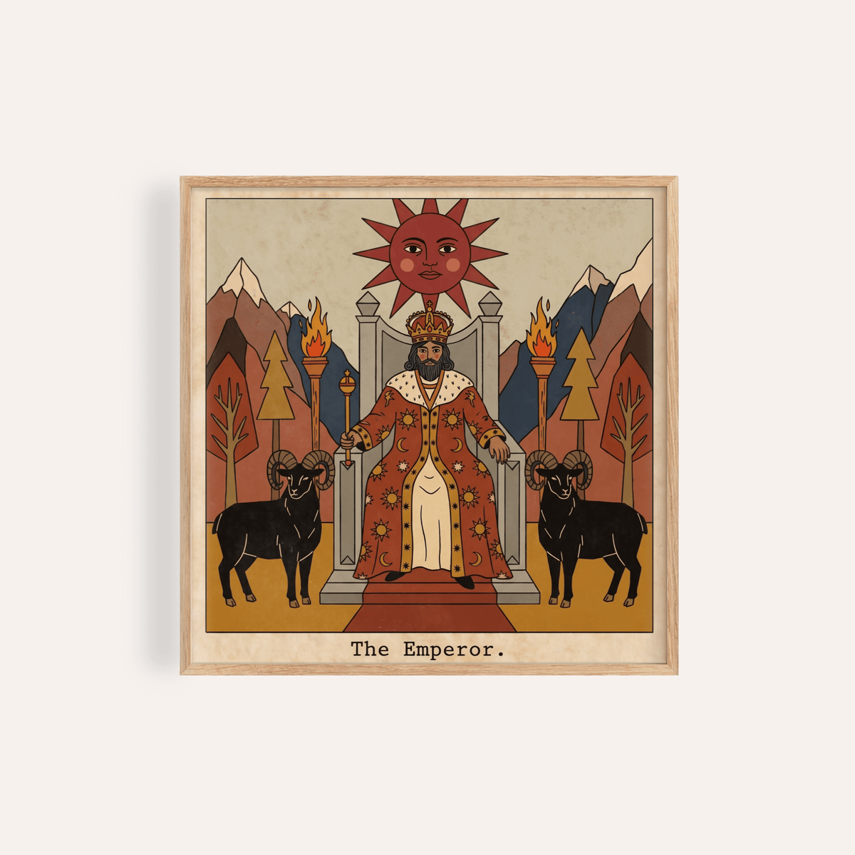 Centered ruler on throne tarot poster with sun face and two rams