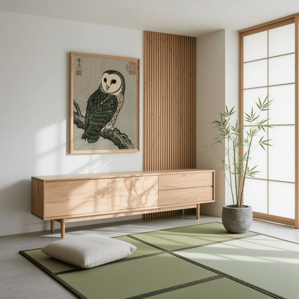 Japanese Owl Art Print with gray and brown for office wall art