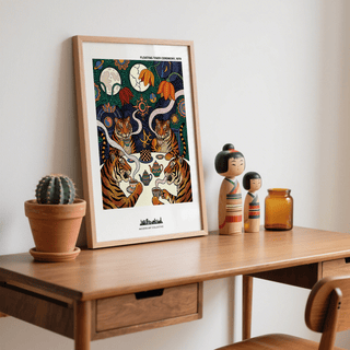 Lower-right tiger illustration wall art print detail with steaming cup and patterned saucer